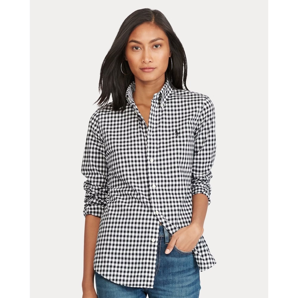 Ralph Lauren Womens Slim Fit Gingham Button Down Shirt Navy White Size L